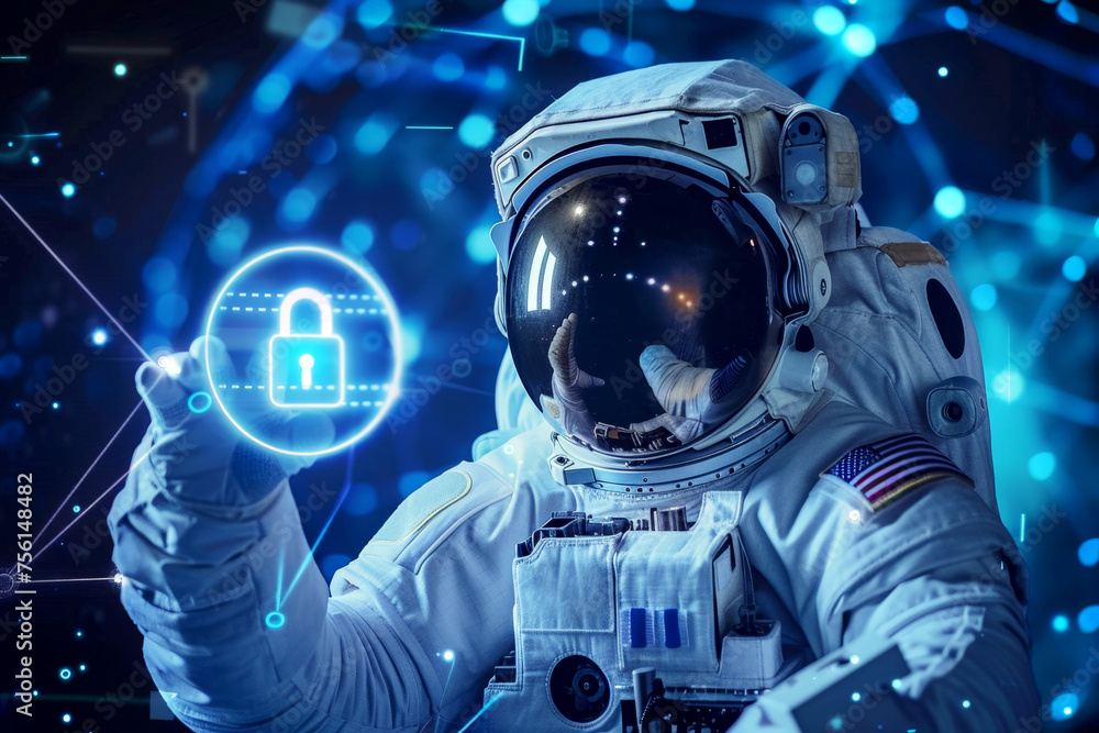 An astronaut take Cyber security and data encryption and internet crime concept hacker. Generative AI. An astronaut take Cyber security and data encryption and internet crime concept hacker. Generative AI.
