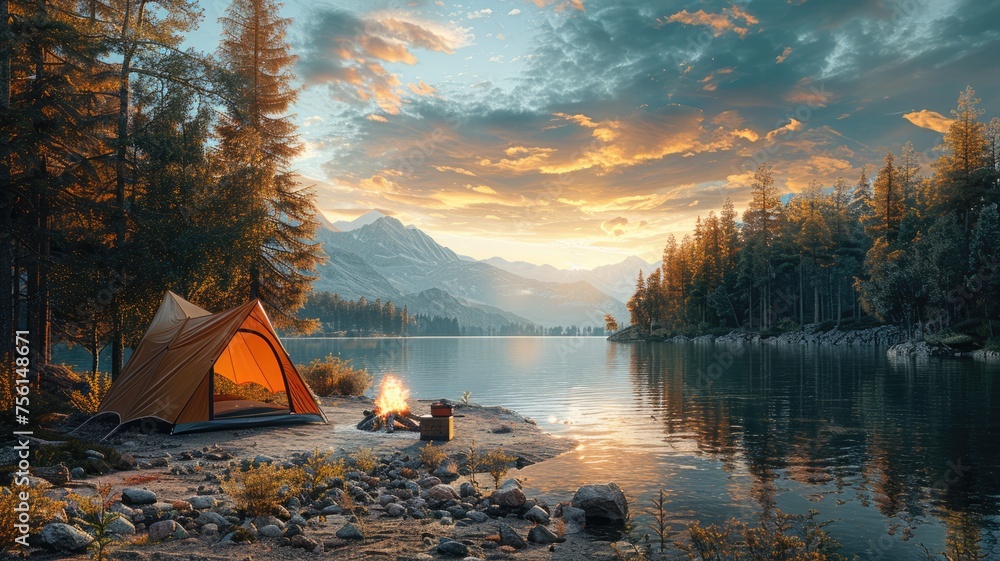 camping site with all the essential camping - obrazy, fototapety, plakaty 
