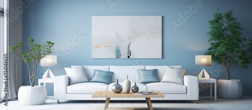Modern living room with a white sofa and blue decor. © Lasvu