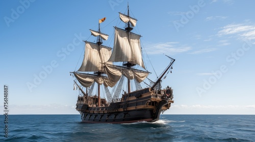 pirate ship on an open sea with light blue sky