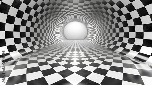 3D Illusion Tunnel with Checkered Pattern Leading to Bright White Sphere