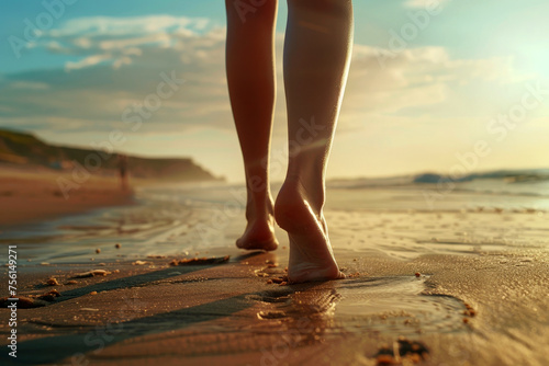 woman Bare feet walk on the beach. generative Ai .