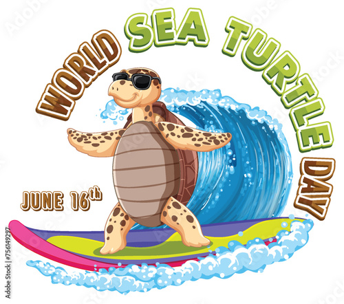 Cartoon sea turtle surfing a wave with style.
