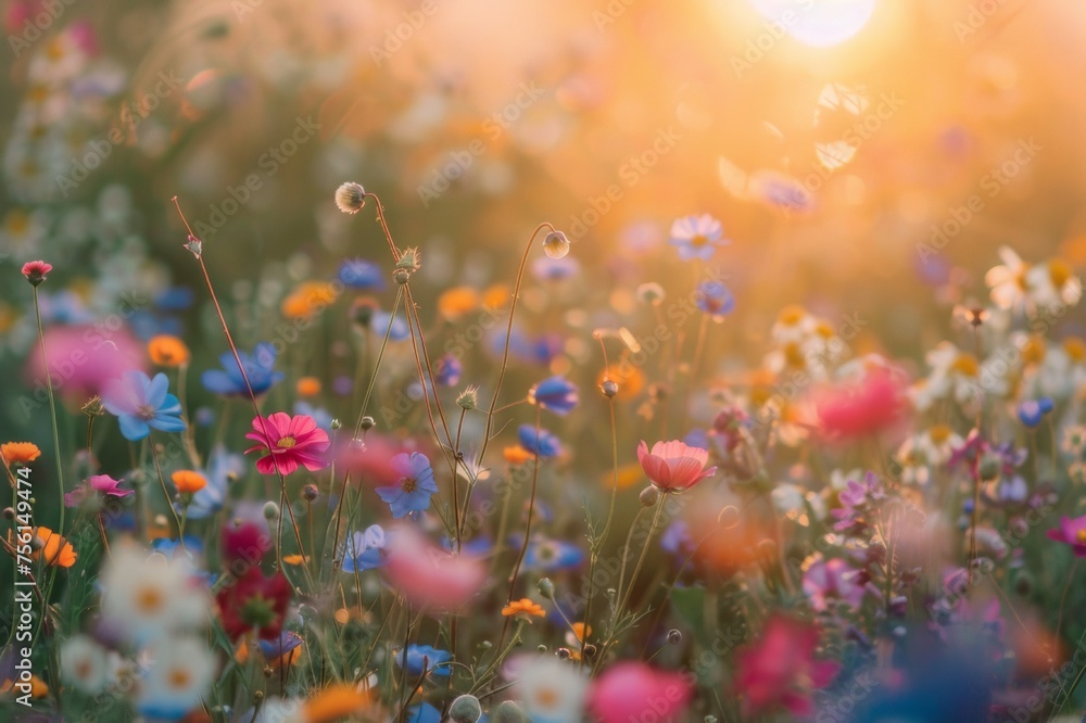 Peaceful fields of wildflowers under the soft sunset light