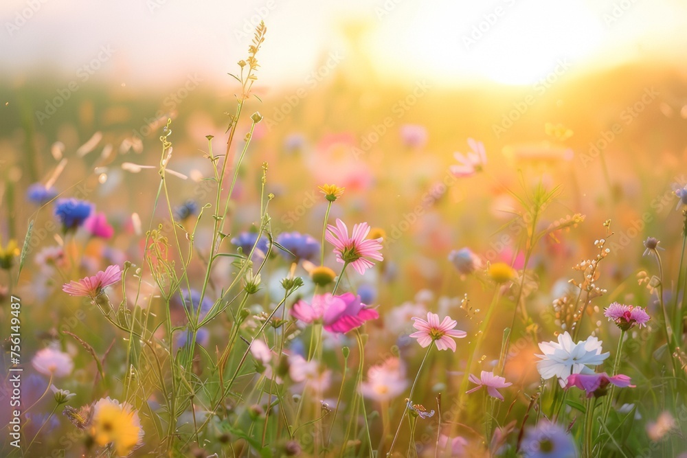 Peaceful fields of wildflowers under the soft sunset light