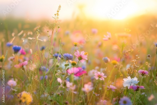 Peaceful fields of wildflowers under the soft sunset light © wpw