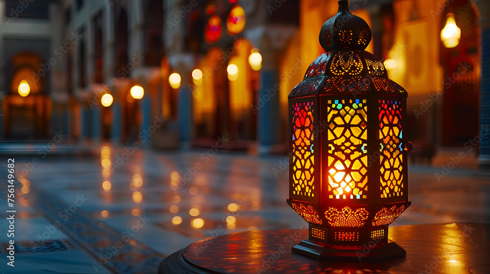 A Islamic themed lantern with the light on in the background. Ramadan concept