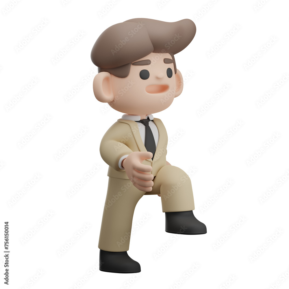 Businessman character wearing brown business suite, walking up stair, 3D render