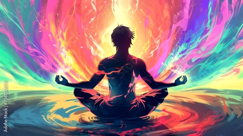 Silhouette of human body with colorful aura. Fantasy landscape anime or cartoon style, looping 4k video animation background photo