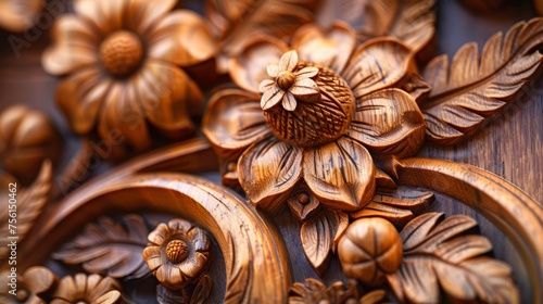 Ornate wood carving detail showcasing floral patterns and textures.