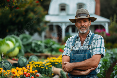 Caucasian senior man standing at the organic vegetables plots front yard, portrait of senior man in confidence pose