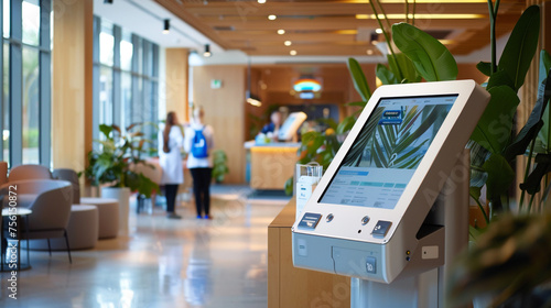 interior of the airport, A interactive kiosk in a healthcare setting, demonstrating how interoperable networks enhance user access to medical records and services photography photo