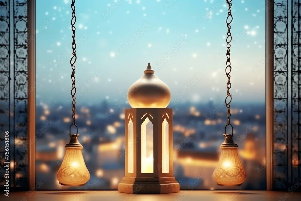 Obraz premium Eid mubarak and ramadan kareem greetings with islamic lantern and mosque. Eid al fitr background