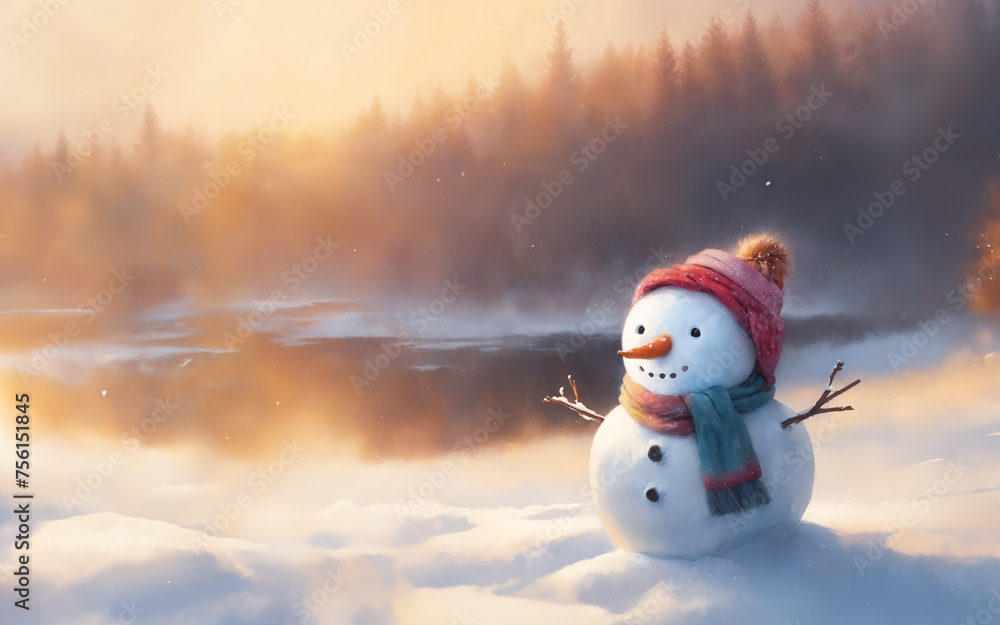 Fototapeta premium 夕焼けの湖のそばに作った雪だるま