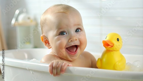 Baby smiling with rubber duck in the bath - A baby shows excitement playing with a yellow rubber duck in a soapy bubble-filled bathtub