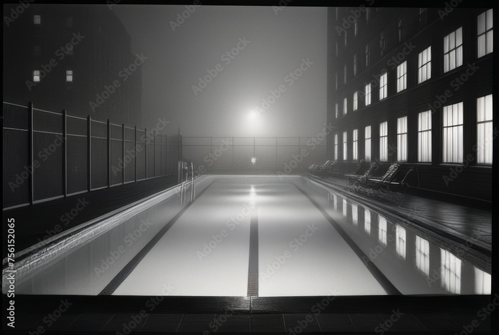 Swimming pool in the fog at night. 3D rendering.