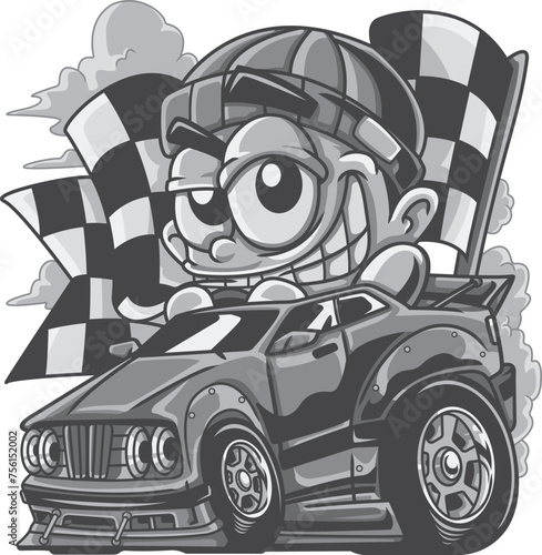 Young Racer Character Black and White Illustration (ID: 756152002)