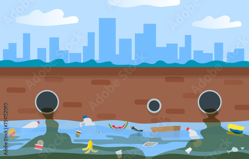 sewage pipes pouring waste water pollution industrial contamination ecology problem vector illustration