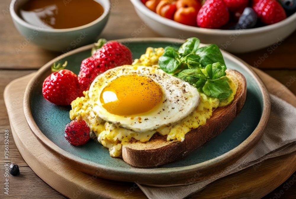 Breakfast with scrambled eggs, toast and fresh berries on wooden background Breakfast with scrambled eggs, toast and fresh berries on wooden background
