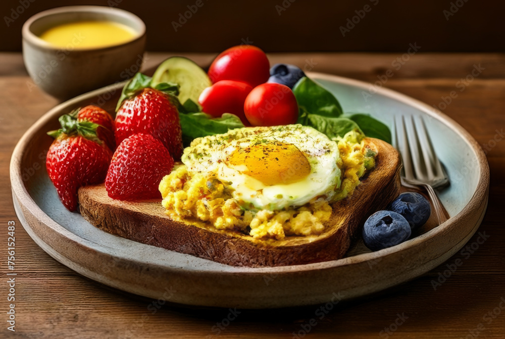 Breakfast with scrambled eggs, toast and fresh berries on wooden background Breakfast with scrambled eggs, toast and fresh berries on wooden background