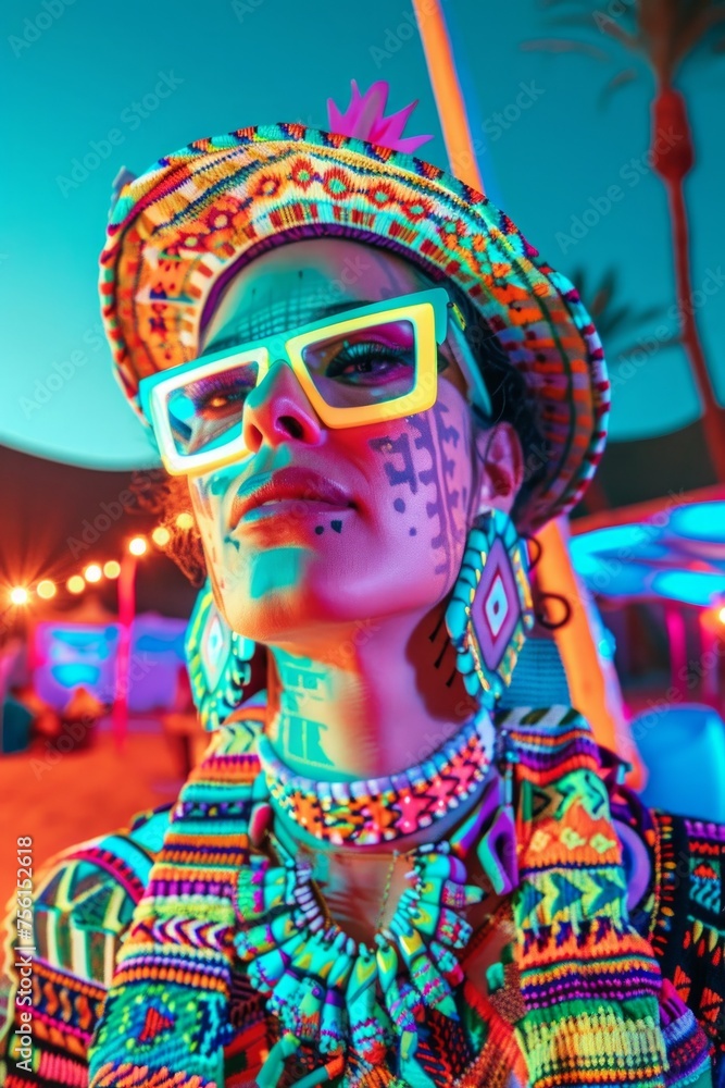 A stylish tribal woman in colorful attire is captured in a festive desert atmosphere under twilight's ambient glow A stylish tribal woman in colorful attire is captured in a festive desert atmosphere under twilight's ambient glow