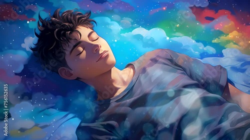 A young man harm sleeps on a colorful cloud. Fantasy landscape anime or cartoon style, looping 4k video animation background photo