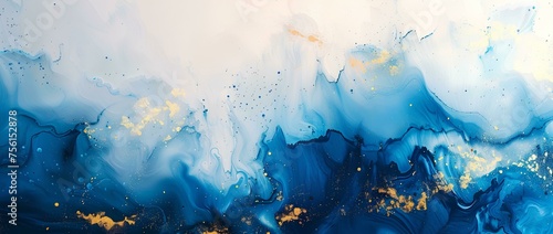 Luxury Marbled blue and golden abstract background. Liquid marble ink pattern. abstract background with blue, yellow and white paint mixing in water