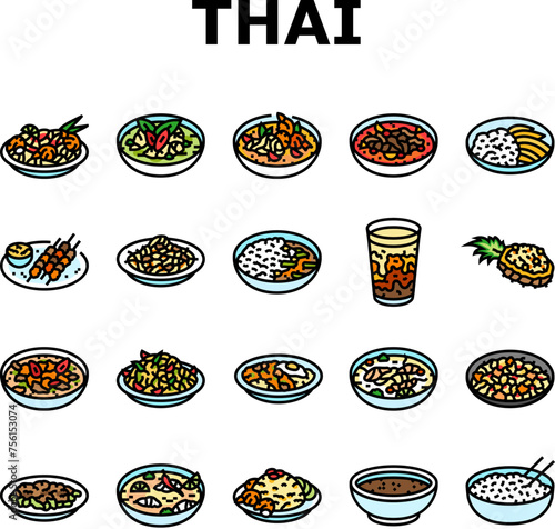 thai cuisine food asia icons set vector. curry table, various thailand, menu rice, plate delicious, som, meal, dish, cooking thai cuisine food asia color line illustrations