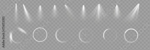 Light effect set. Glow isolated white transparent light effect set, lens flare, explosion, glitter, dust, line, sun flash, spark and stars, spotlight, curve twirl. Sunlight