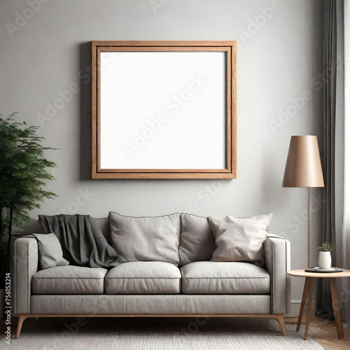 Minimal wood picture poster frame mockup on white wall 