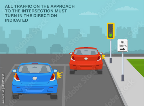 Safe driving tips and traffic regulation rules. All traffic turn right sign meaning. Back view of a traffic flow turning right at the intersection. Flat vector illustration template. photo