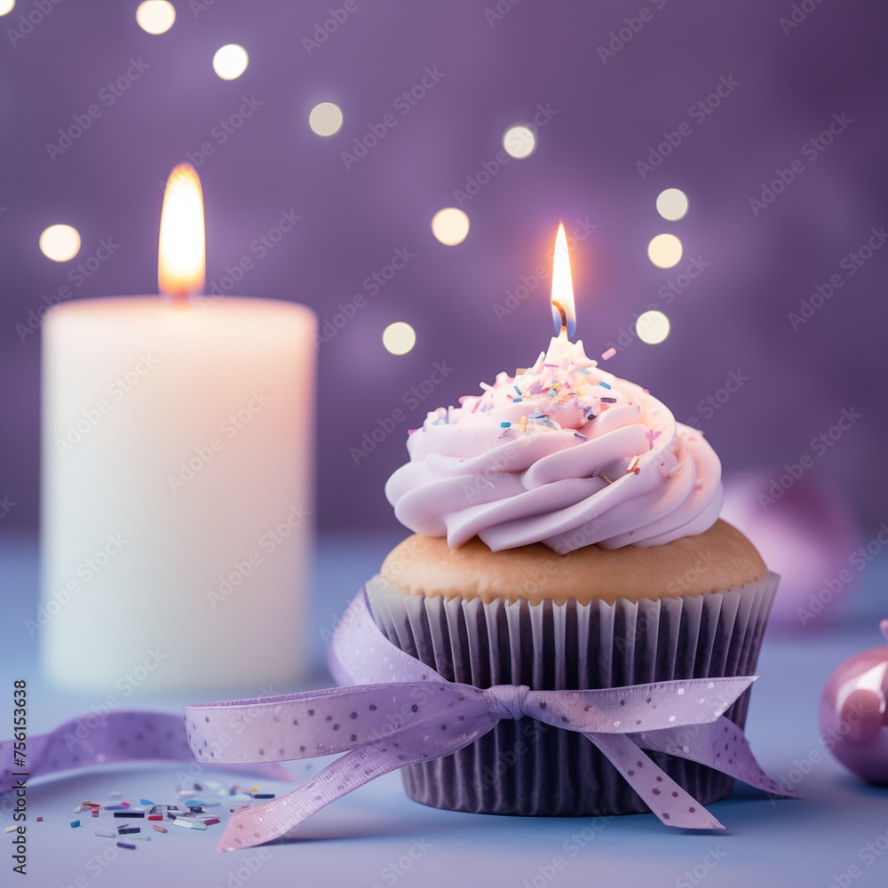 birthday violet cupcake with candle