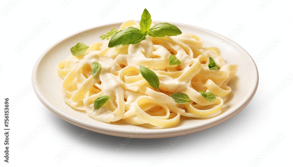 cream pasta in a white plate on white background cream pasta in a white plate on white background