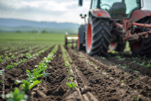 Agricultural field prepared for planting, working tractor on background