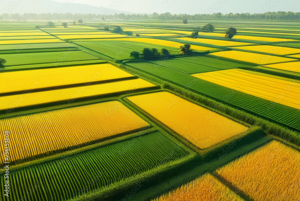 Aerial view of yellow and green agricultural fields. Agricultural landscape.