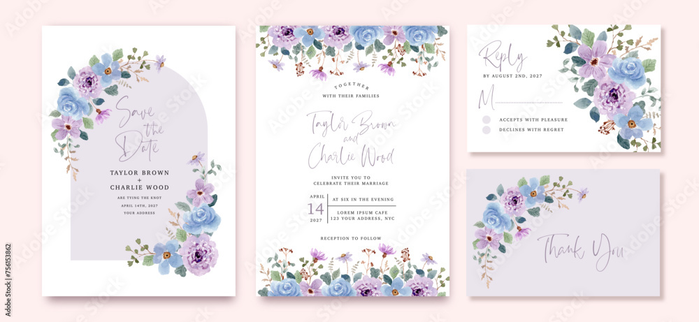 wedding invitation set with purple blue floral watercolor frame