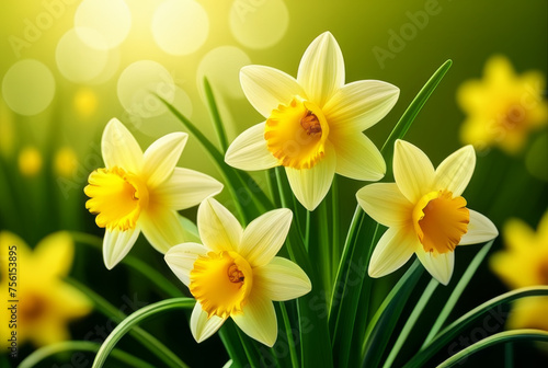 Daffodils in the garden. Spring background with flowers.