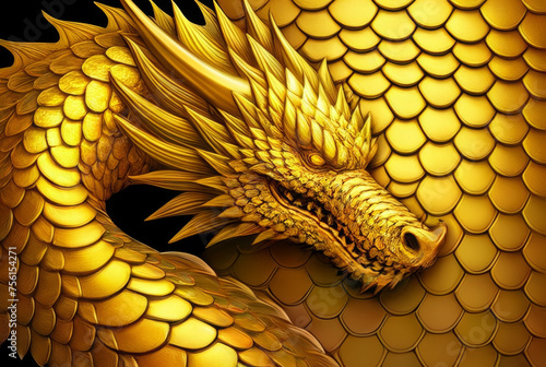Golden dragon statue on golden background, closeup of photo, Thailand