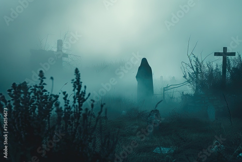 the ghostly apparition of a figure standing amidst the mist and shadows of an old cemetery photo