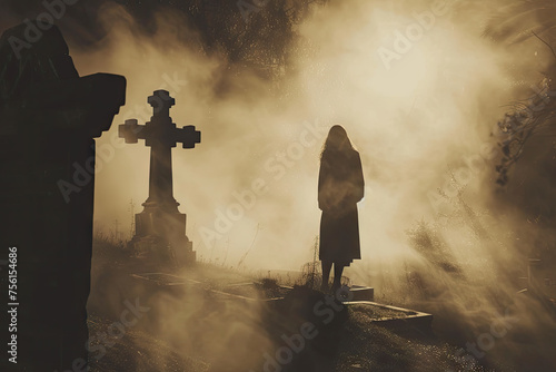 the ghostly apparition of a figure standing amidst the mist and shadows of an old cemetery photo