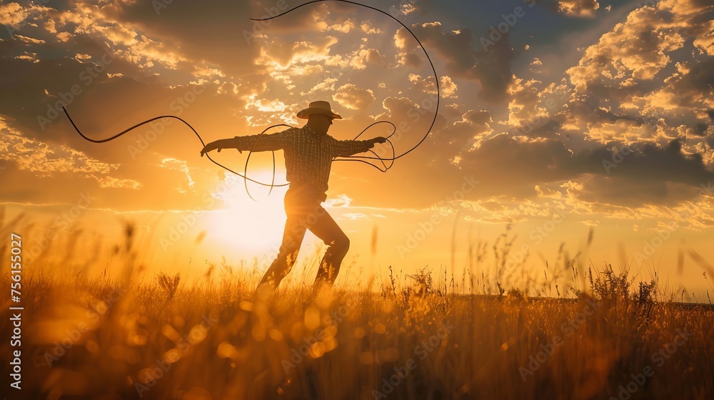 Cowboy Playing With Lasso Rope At Sunset - obrazy, fototapety, plakaty 
