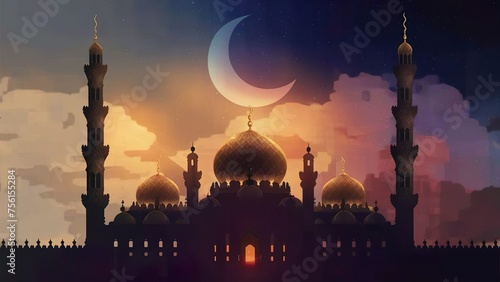 Ramadan wallpaper with a silhouette of a mosque at dusk