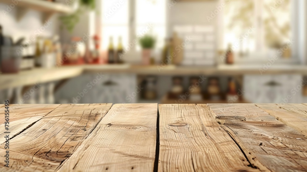 Wooden Table with Blur Kitchen Background