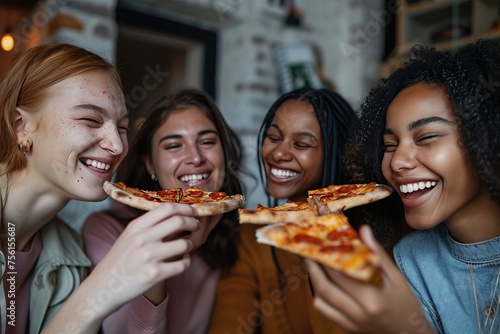 Group of Diverse Girl Laughing Have A Pizza Party