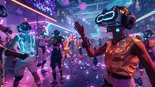 A vibrant, immersive metaverse space with holographic projections of people dancing and socializing, all wearing virtual reality headsets. © pimpimol