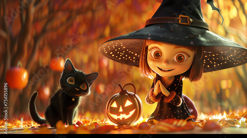 Cute Halloween witch with a black cat