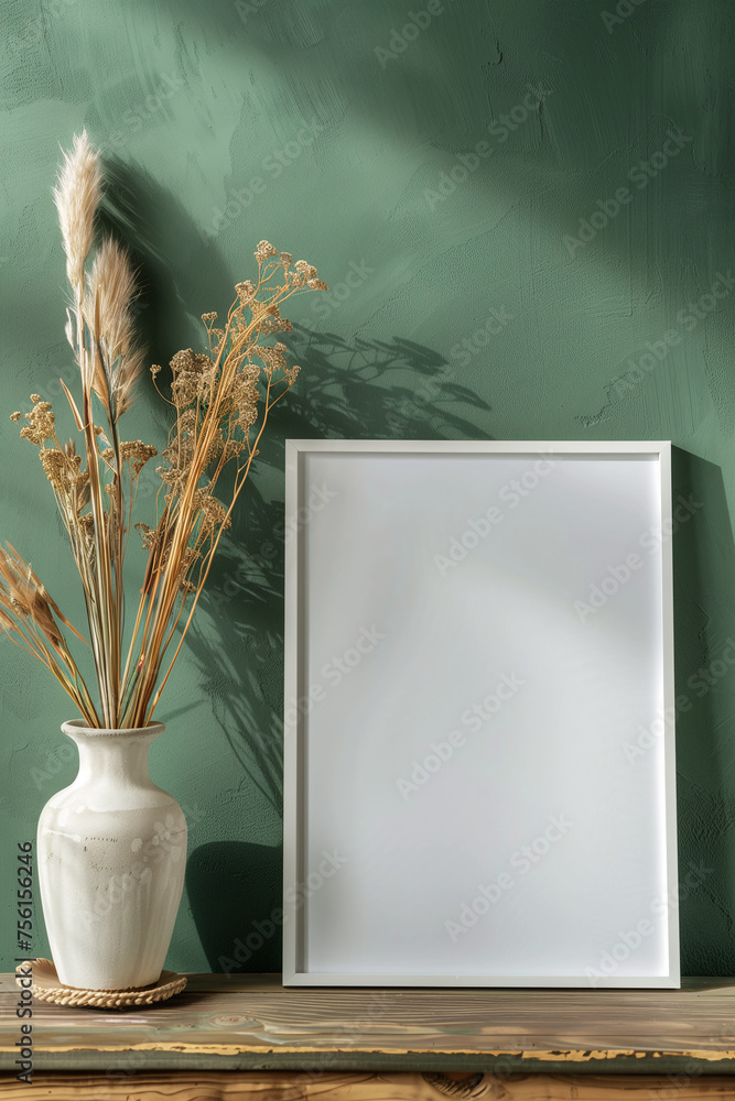 blank canvas frame template with dry flowers in vase on olive green wall mockup