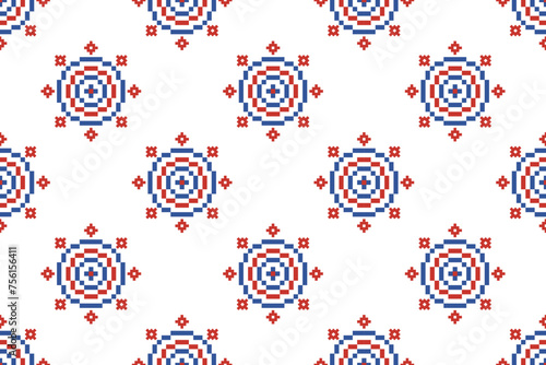 Cross Stitch embroidery seamless.Geometric pixel ethnic patterns. American, Mexican,African, mediterranean, nordic,Aztec style.Trendy folk art background design for products, fabric, ,print,decorate.