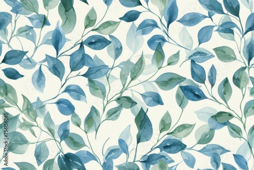 
Soft watercolor foliage pattern with shades of blue and green leaves on a clean white background.