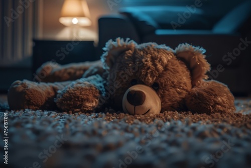 teddy bear laying down on carpet